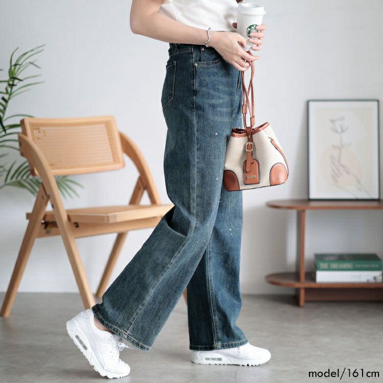 大きいサイズ レディース スタッズ付きストレートデニムパンツ　goldy-1509