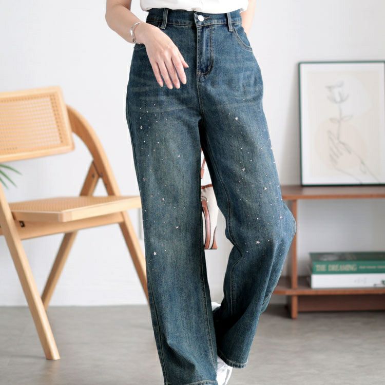 大きいサイズ レディース スタッズ付きストレートデニムパンツ　goldy-1509