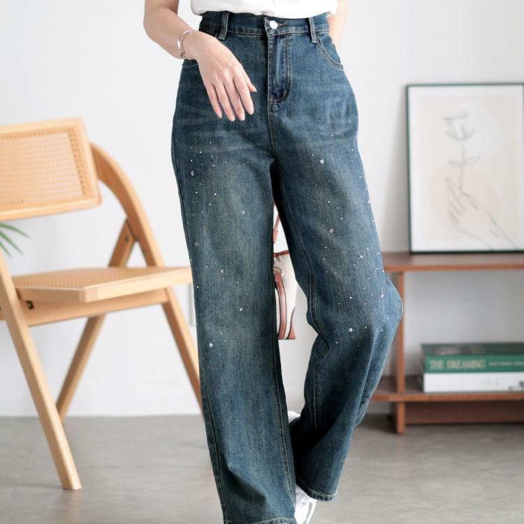 大きいサイズ レディース スタッズ付きストレートデニムパンツ　goldy-1509 ブルー