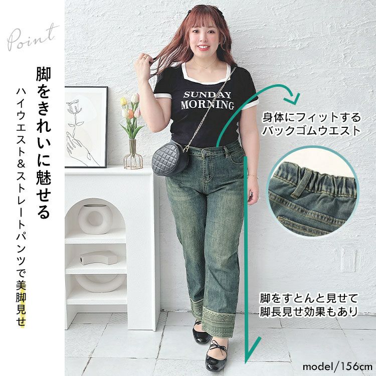 大きいサイズ レディース デザイン裾ストレッチデニムパンツ　goldy-1508