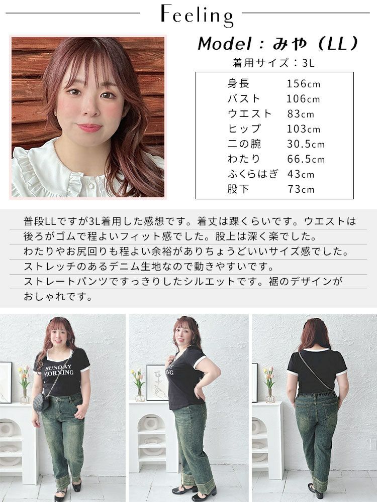 大きいサイズ レディース デザイン裾ストレッチデニムパンツ　goldy-1508