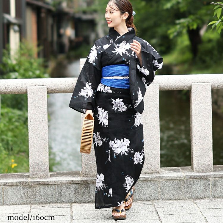 大きいサイズ レディース 【シアー浴衣】浴衣4点セット 百合ブーケ柄 上下セパレート浴衣＆結び帯＆インナー（4点）　yukata-s14s