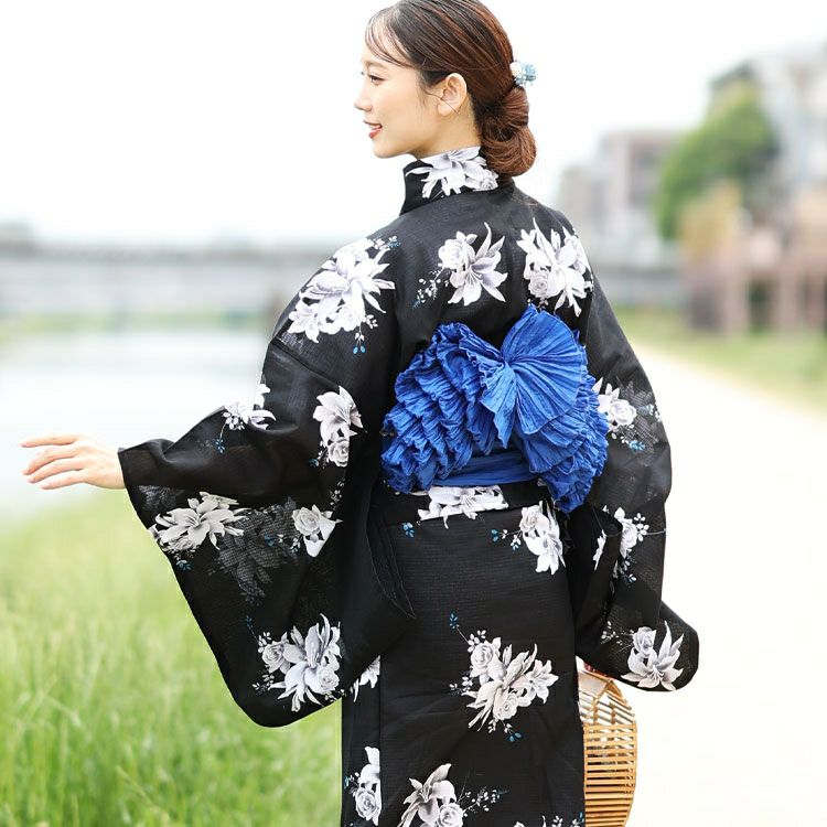 大きいサイズ レディース 【シアー浴衣】浴衣4点セット 百合ブーケ柄 上下セパレート浴衣＆結び帯＆インナー（4点）　yukata-s14s