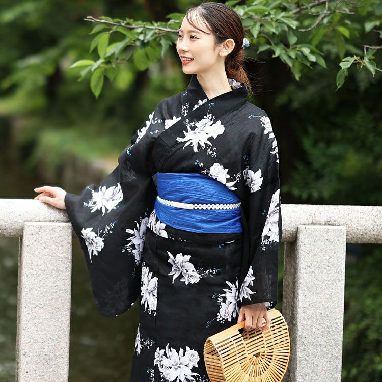 大きいサイズ レディース 【シアー浴衣】浴衣4点セット 百合ブーケ柄 上下セパレート浴衣＆結び帯＆インナー（4点）　yukata-s14s