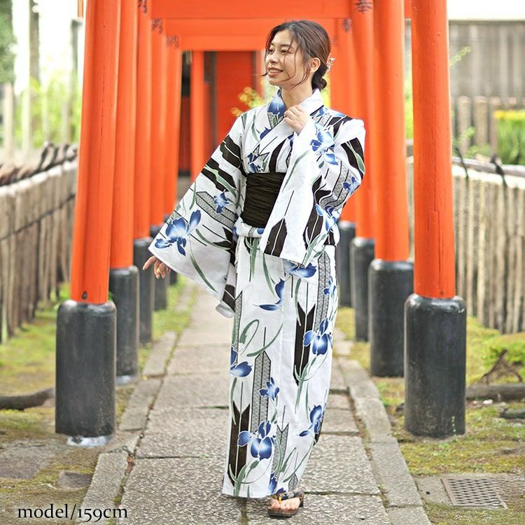大きいサイズ レディース 矢羽根にあやめ柄上下セパレート浴衣＆結び帯3点セット　yukata-s11s