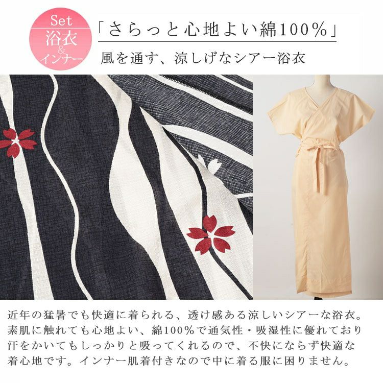 大きいサイズ レディース 【シアー浴衣】浴衣4点セット よろけに桜柄 上下セパレート浴衣＆結び帯＆インナー（4点）　yukata-s9s