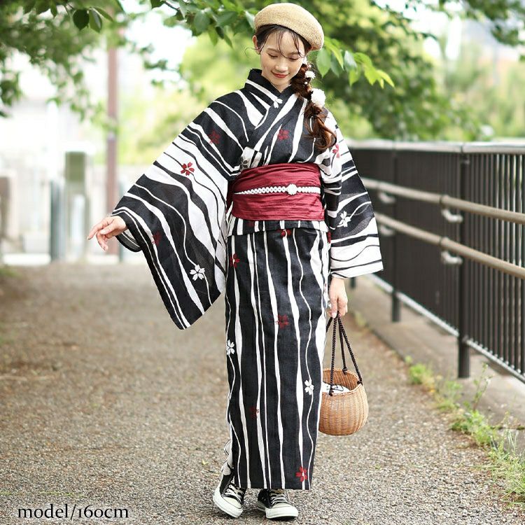 大きいサイズ レディース 【シアー浴衣】浴衣4点セット よろけに桜柄 上下セパレート浴衣＆結び帯＆インナー（4点）　yukata-s9s