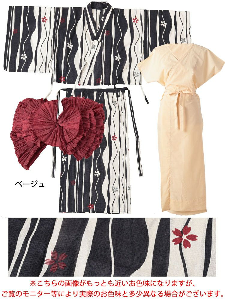 大きいサイズ レディース 【シアー浴衣】浴衣4点セット よろけに桜柄 上下セパレート浴衣＆結び帯＆インナー（4点）　yukata-s9s