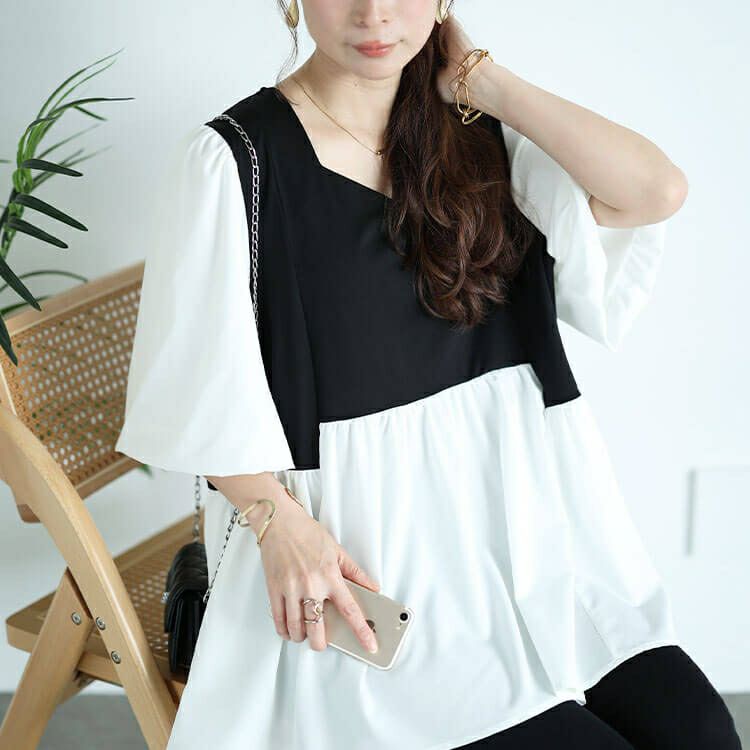 大きいサイズ レディース 接触冷感ハートネック切り替えペプラムプルオーバー　mncut-142421