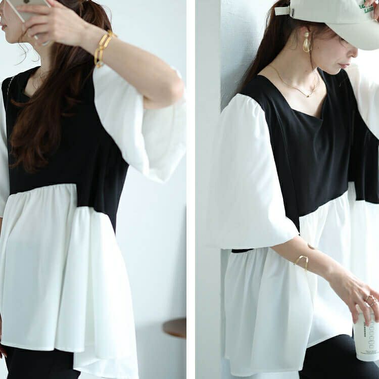 大きいサイズ レディース 接触冷感ハートネック切り替えペプラムプルオーバー　mncut-142421