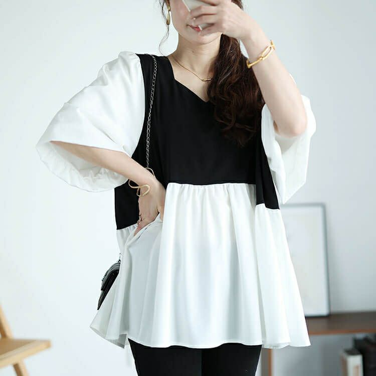 大きいサイズ レディース 接触冷感ハートネック切り替えペプラムプルオーバー　mncut-142421