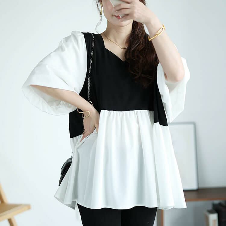 大きいサイズ レディース 接触冷感ハートネック切り替えペプラムプルオーバー　mncut-142421 ブラック