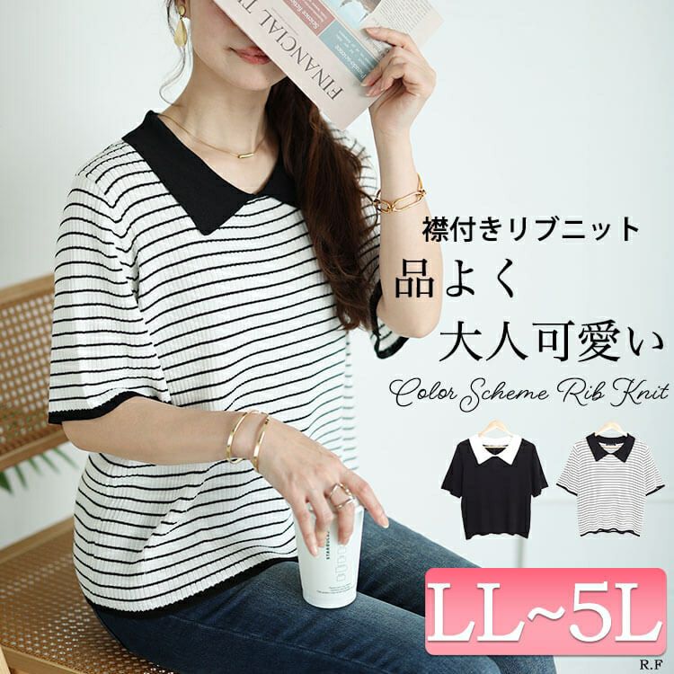 大きいサイズ レディース 襟付きリブニット　bro-0047