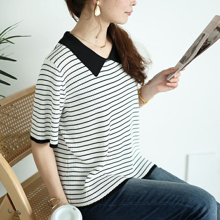 大きいサイズ レディース 襟付きリブニット　bro-0047