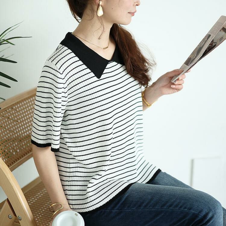 大きいサイズ レディース 襟付きリブニット　bro-0047 ボーダー