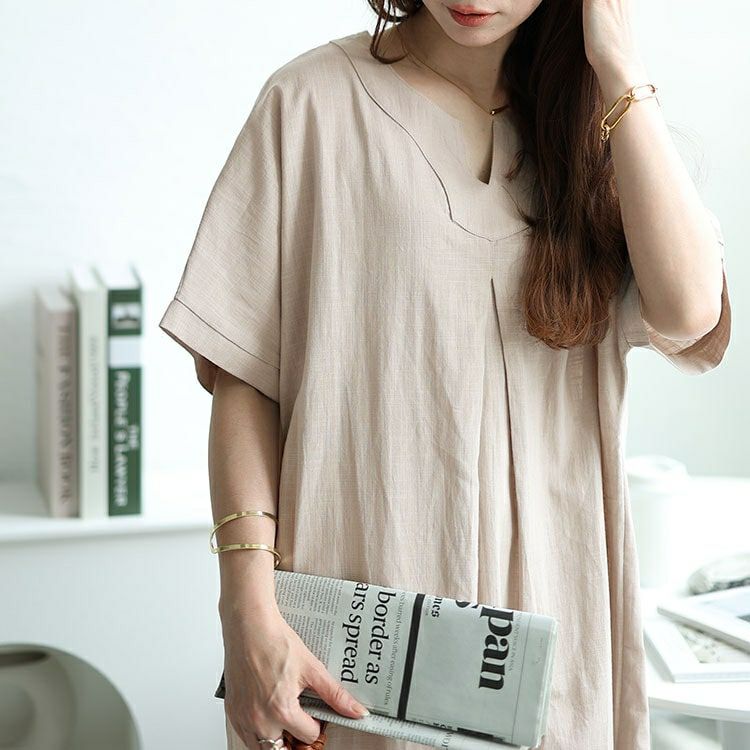 大きいサイズ レディース キーネックセンタータックドルマンワンピース　fem-475 【メール便可】