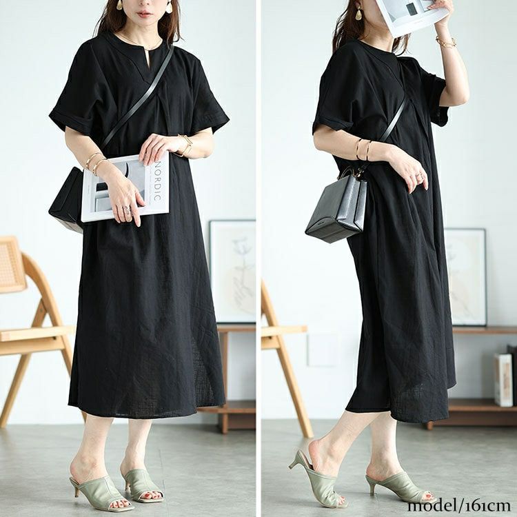 大きいサイズ レディース キーネックセンタータックドルマンワンピース　fem-475 【メール便可】