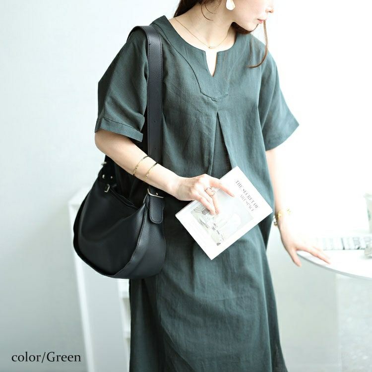 大きいサイズ レディース キーネックセンタータックドルマンワンピース　fem-475 【メール便可】