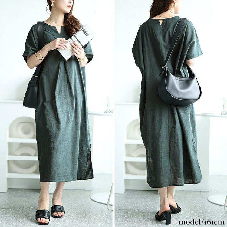 大きいサイズ レディース キーネックセンタータックドルマンワンピース　fem-475 【メール便可】