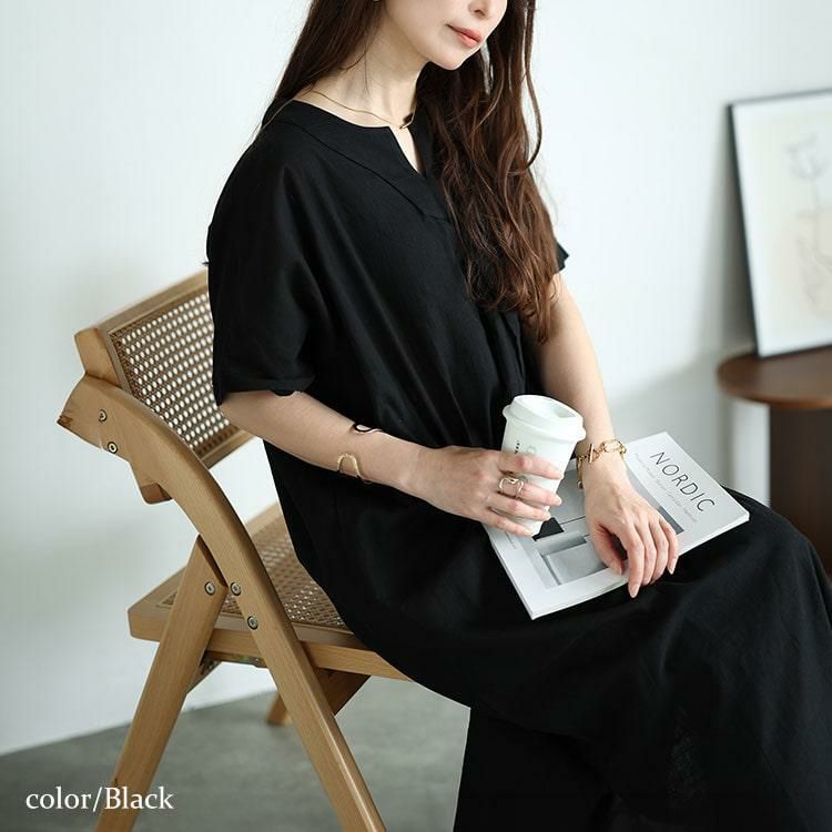 大きいサイズ レディース キーネックセンタータックドルマンワンピース　fem-475 【メール便可】 ブラック