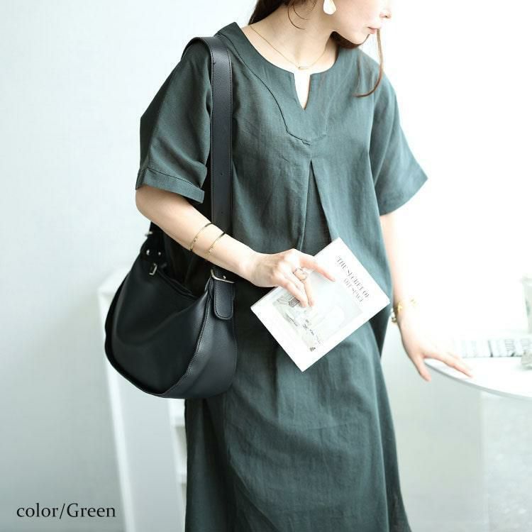 大きいサイズ レディース キーネックセンタータックドルマンワンピース　fem-475 【メール便可】 グリーン