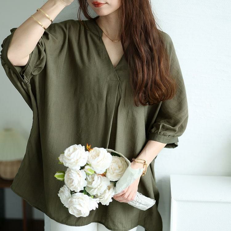 大きいサイズ レディース バックボタンドルマンスキッパーシャツ　fem-474 【メール便可】 カーキ