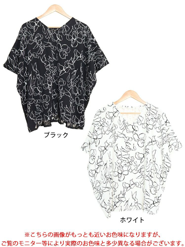 大きいサイズ レディース アートモダンフラワー柄バックレースドルマン　fem-470 【ゆうパケット可】