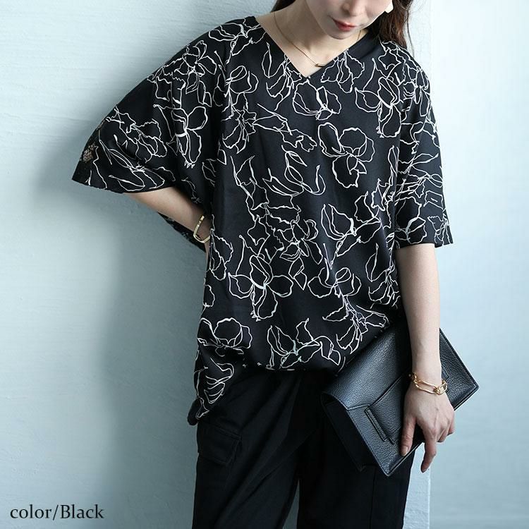 大きいサイズ レディース アートモダンフラワー柄バックレースドルマン　fem-470 【ゆうパケット可】 ブラック