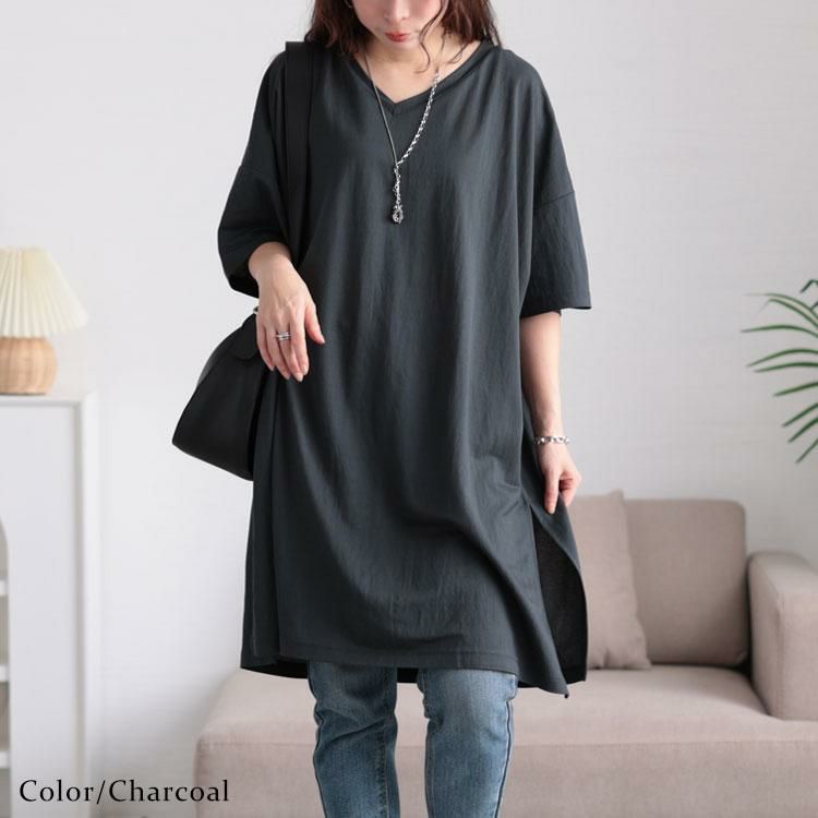 大きいサイズ レディース 接触冷感＆UVカット＆吸湿速乾サイドスリットチュニック　map-29 チャコール