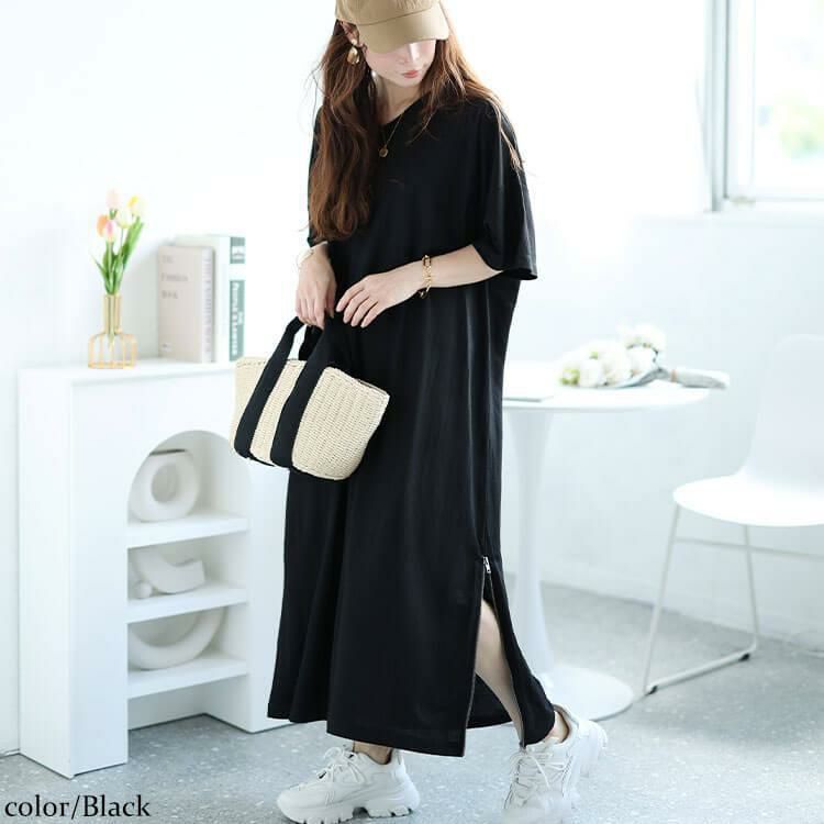 大きいサイズ レディース 接触冷感＆UVカット＆吸湿速乾サイドファスナーワンピース　map-28 ブラック