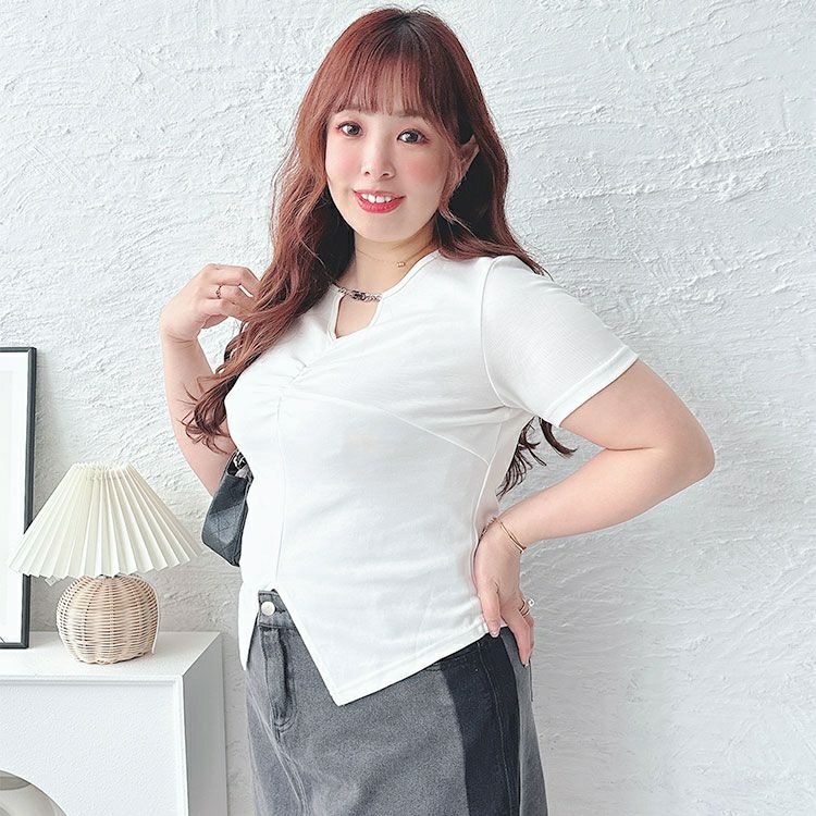 大きいサイズ レディース チェーン付きキーネックギャザーカットソー　goldy-1506 【メール便可】