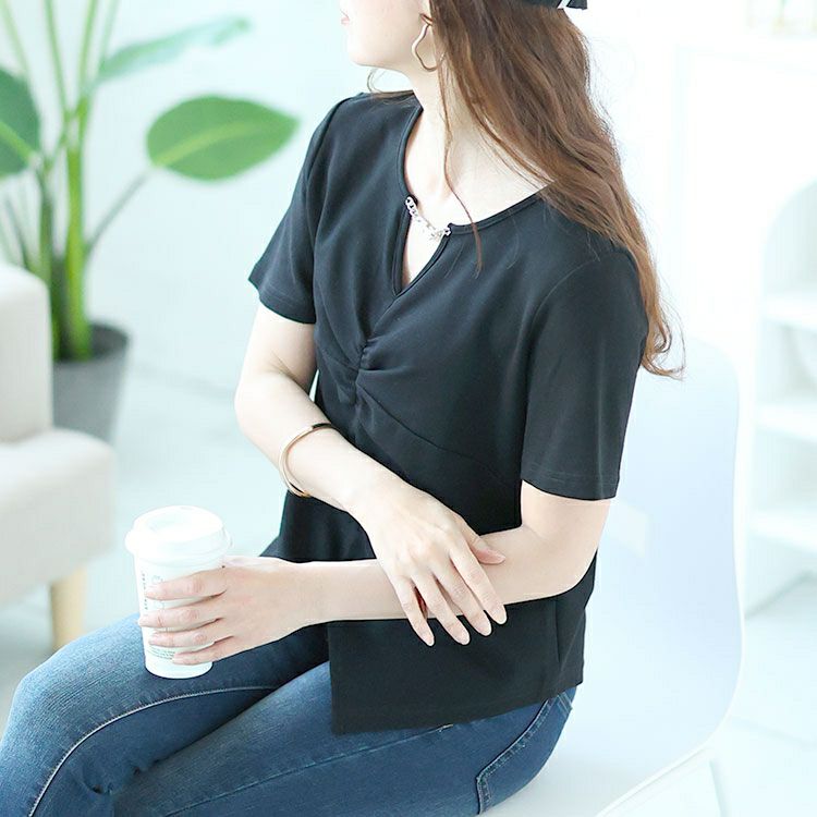 大きいサイズ レディース チェーン付きキーネックギャザーカットソー　goldy-1506 【メール便可】