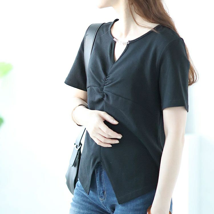 大きいサイズ レディース チェーン付きキーネックギャザーカットソー　goldy-1506 【メール便可】