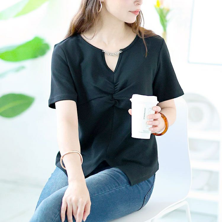 大きいサイズ レディース チェーン付きキーネックギャザーカットソー　goldy-1506 【メール便可】