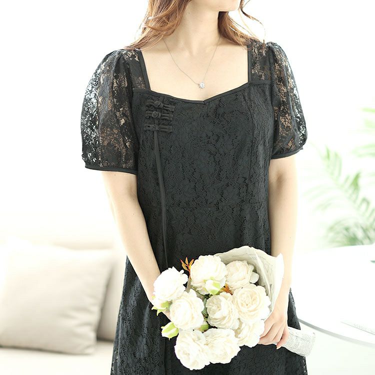 大きいサイズ レディース 総レーススリットロングワンピース　goldy-1500