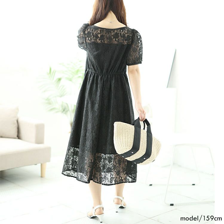 大きいサイズ レディース 総レーススリットロングワンピース　goldy-1500