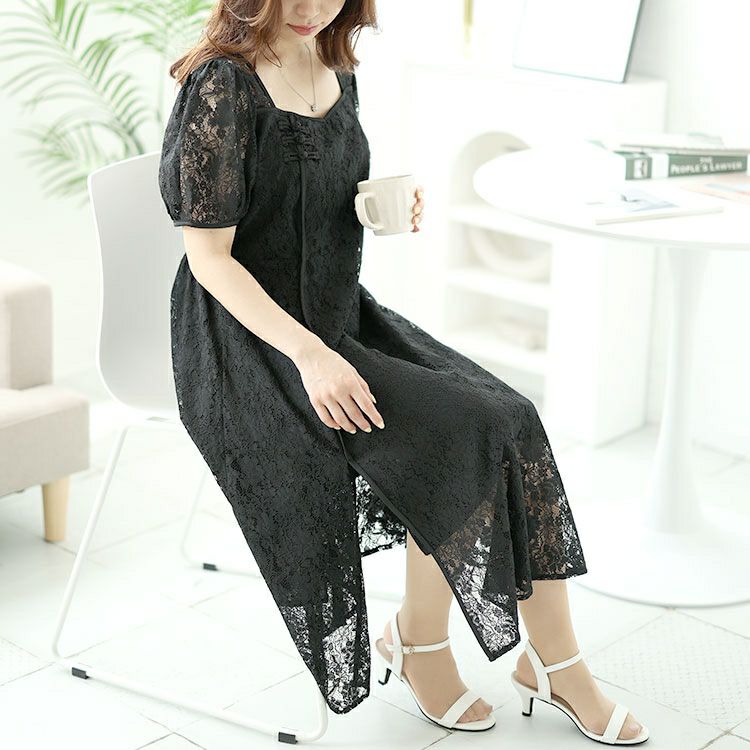 大きいサイズ レディース 総レーススリットロングワンピース　goldy-1500