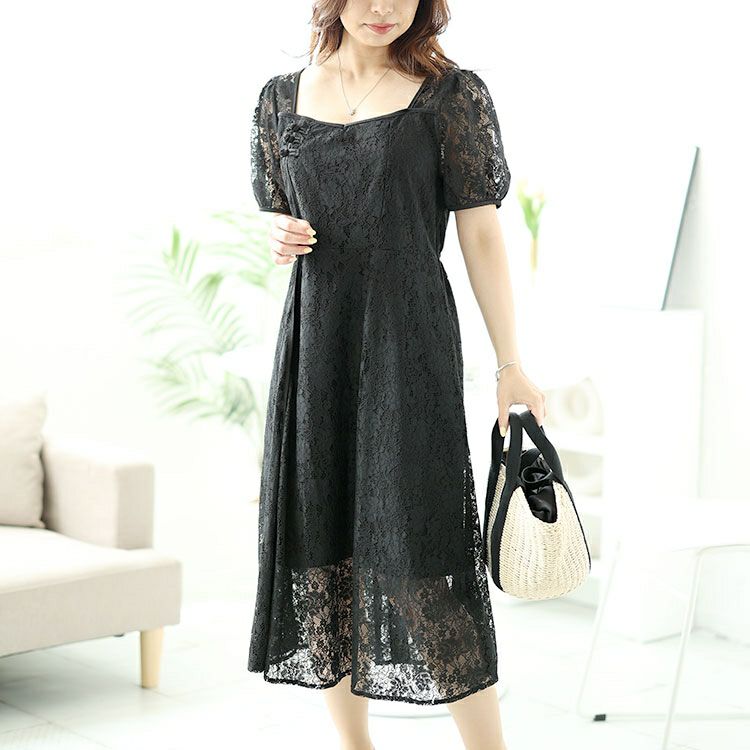 大きいサイズ レディース 総レーススリットロングワンピース　goldy-1500