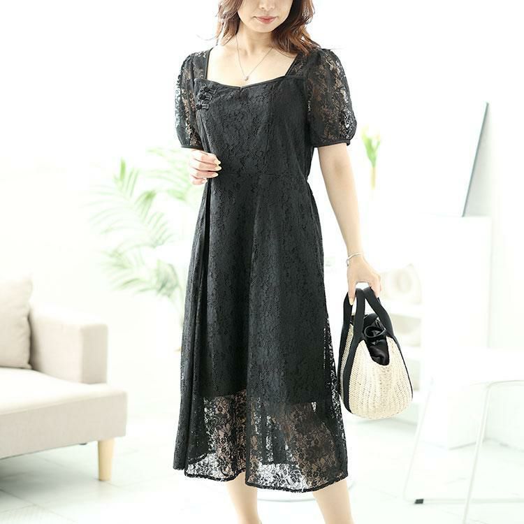 大きいサイズ レディース 総レーススリットロングワンピース　goldy-1500 ブラック