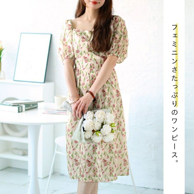 大きいサイズ レディース バックシャーリング花柄ワンピース　goldy-1499