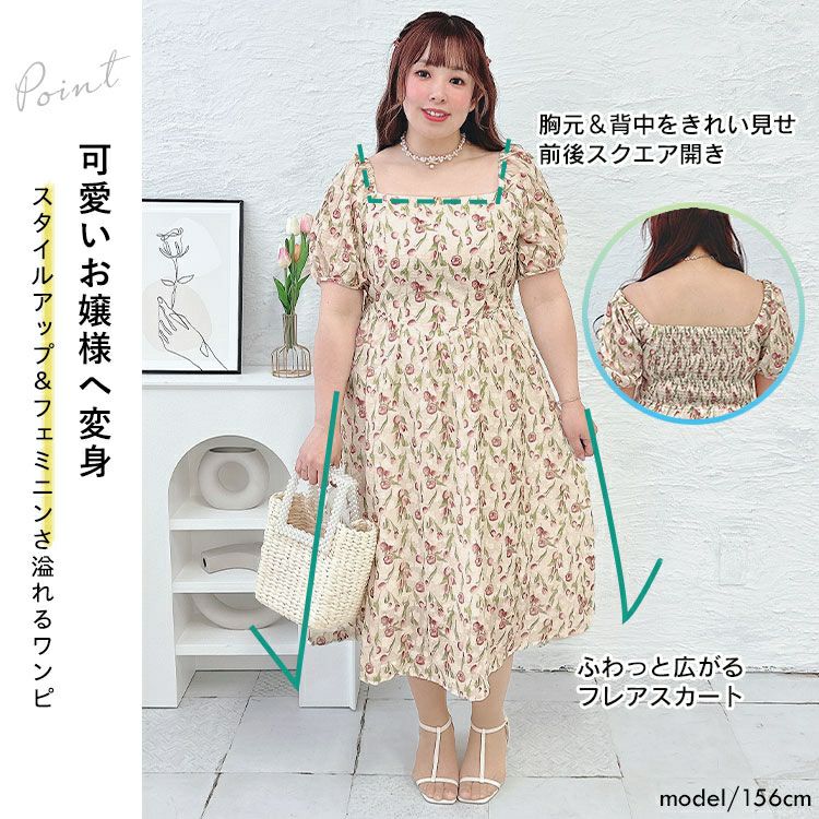 大きいサイズ レディース バックシャーリング花柄ワンピース　goldy-1499