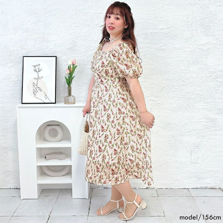 大きいサイズ レディース バックシャーリング花柄ワンピース　goldy-1499