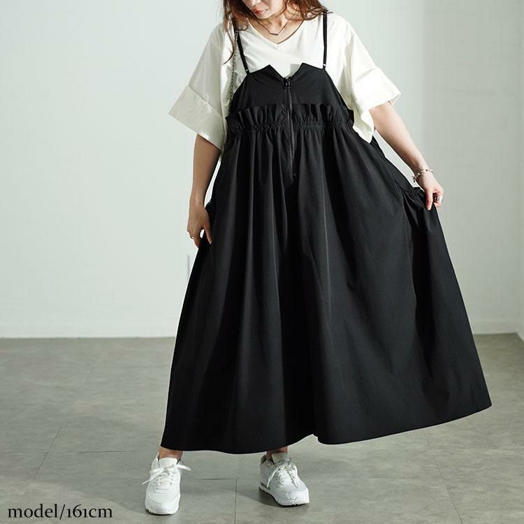 大きいサイズ レディース ハーフジップウエストフリルキャミワンピース　nw-24026 ブラック