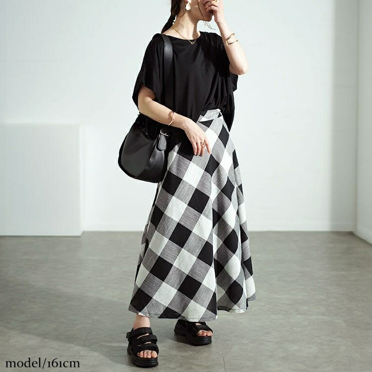 大きいサイズ レディース ビッグチェックロングフレアスカート nw