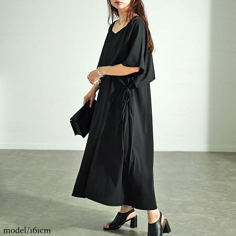 大きいサイズ レディース フェイクトップスレイヤードサイドリボンワンピース　nw-24024