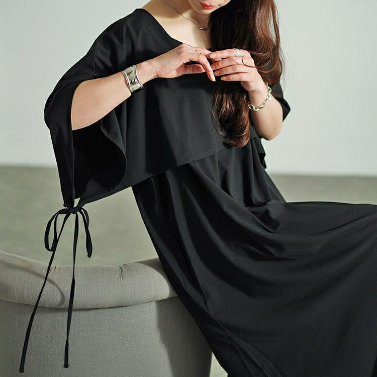 大きいサイズ レディース フェイクトップスレイヤードサイドリボンワンピース　nw-24024