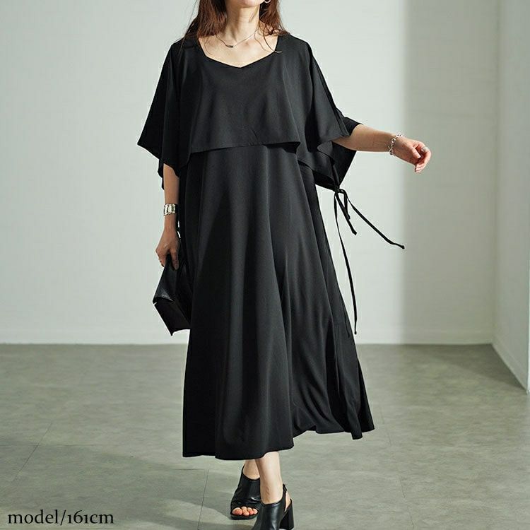 大きいサイズ レディース フェイクトップスレイヤードサイドリボンワンピース　nw-24024