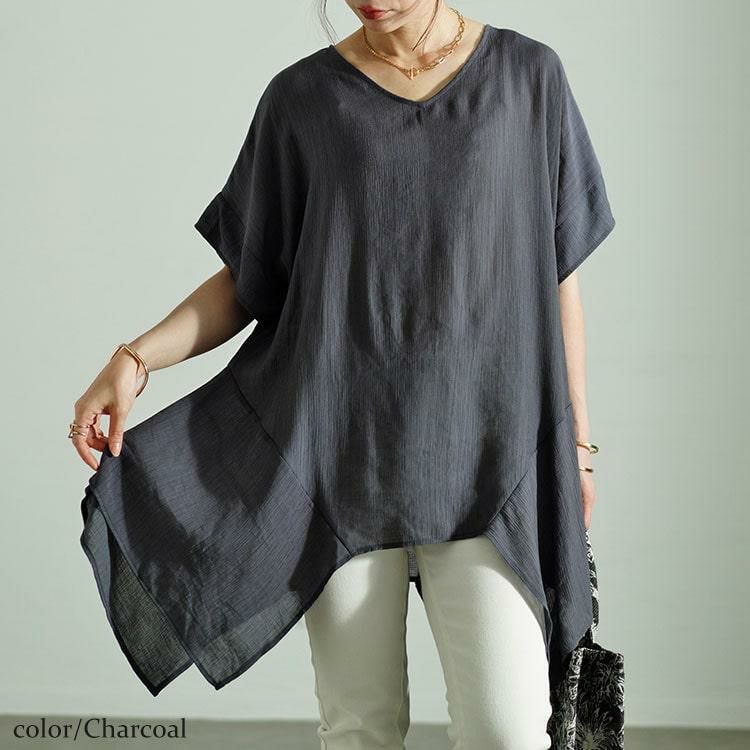 大きいサイズ レディース 裾変形デザインワイドプルオーバー　fem-481 【ゆうパケット可】 チャコール