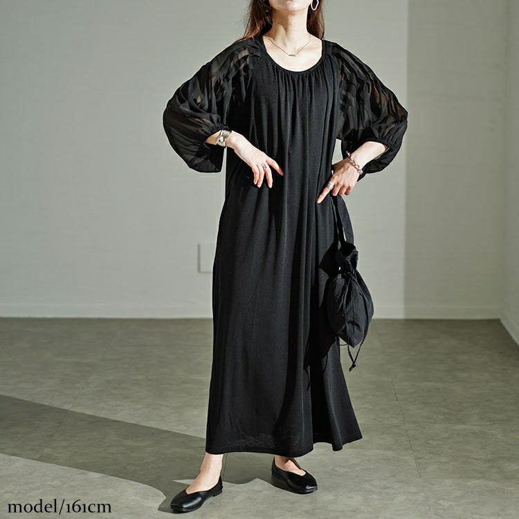 大きいサイズ レディース シアーボーダー切替えボリュームスリーブギャザーワンピース　u2-0089