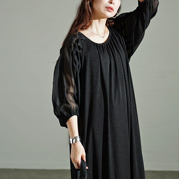 大きいサイズ レディース シアーボーダー切替えボリュームスリーブギャザーワンピース　u2-0089